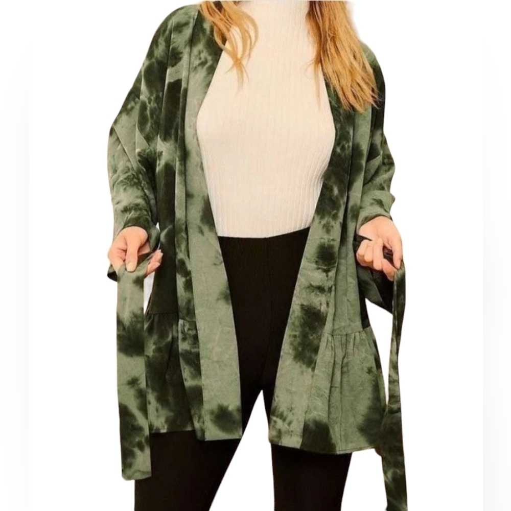 Olive Green Drop Shoulder Tie Dye Boho Open Kimono Lightweight Jacket Robe